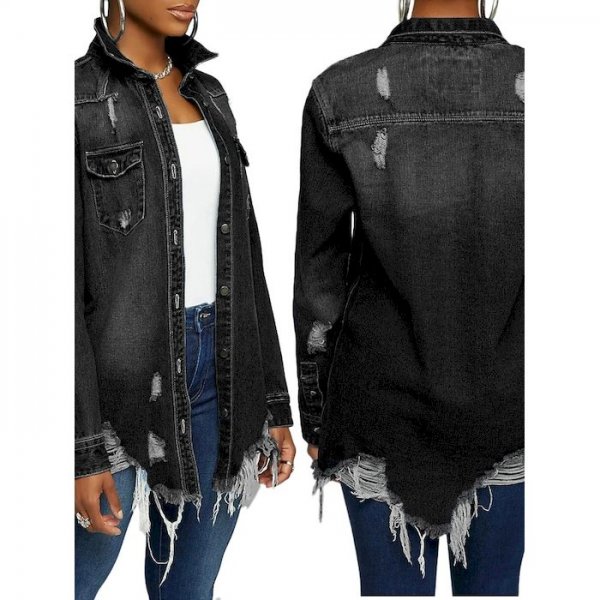 Women's Jacket Coat Long Sleeve Denim Jacket Lapel Collar Distressed Jacket Button Down Ripped Jeans Blouses (Black, S)