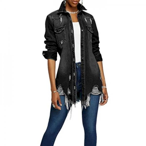 Women's Jacket Coat Long Sleeve Denim Jacket Lapel Collar Distressed Jacket Button Down Ripped Jeans Blouses (Black, S)