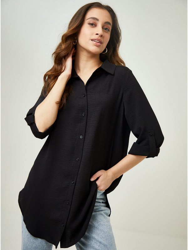 Black Linen Look Longline Shirt