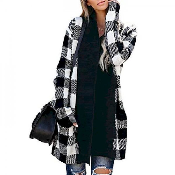 Women's Coat Street Causal Daily Fall Spring Long Coat Loose Normal Casual Jacket Long Sleeve Check Classic Style Black Red / Co