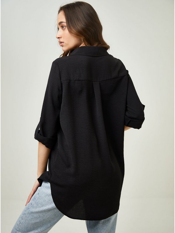 Black Linen Look Longline Shirt