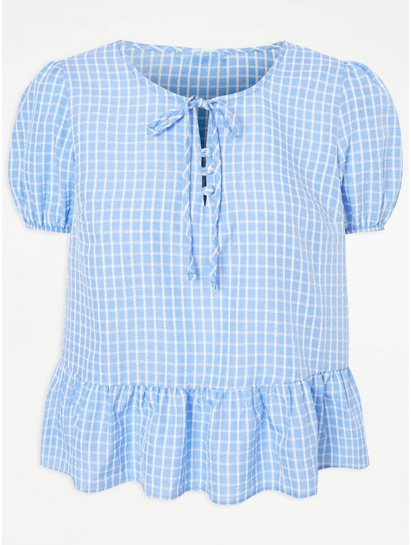 Blue Gingham Print Peplum Top